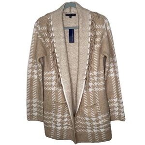 Adrienne Vittadini Open Front Fringe Houndstooth Cardigan Sweater M